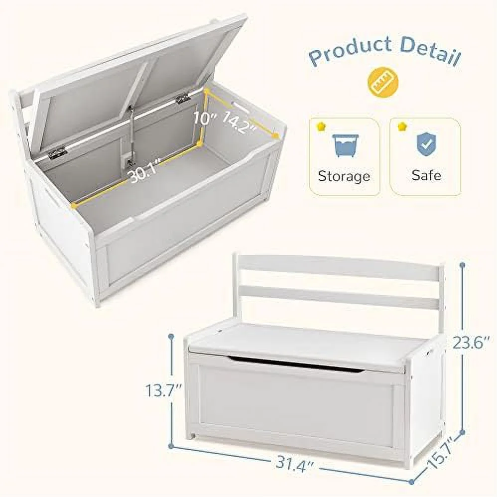 TJUNBOLIFE Toy Box Chest  White Rubber Wood Toy Box for Boys Girls  Large  Cabinet/Flip-Top Lid/Safety Hinge  Toy  Organizer Trunk for Nursery