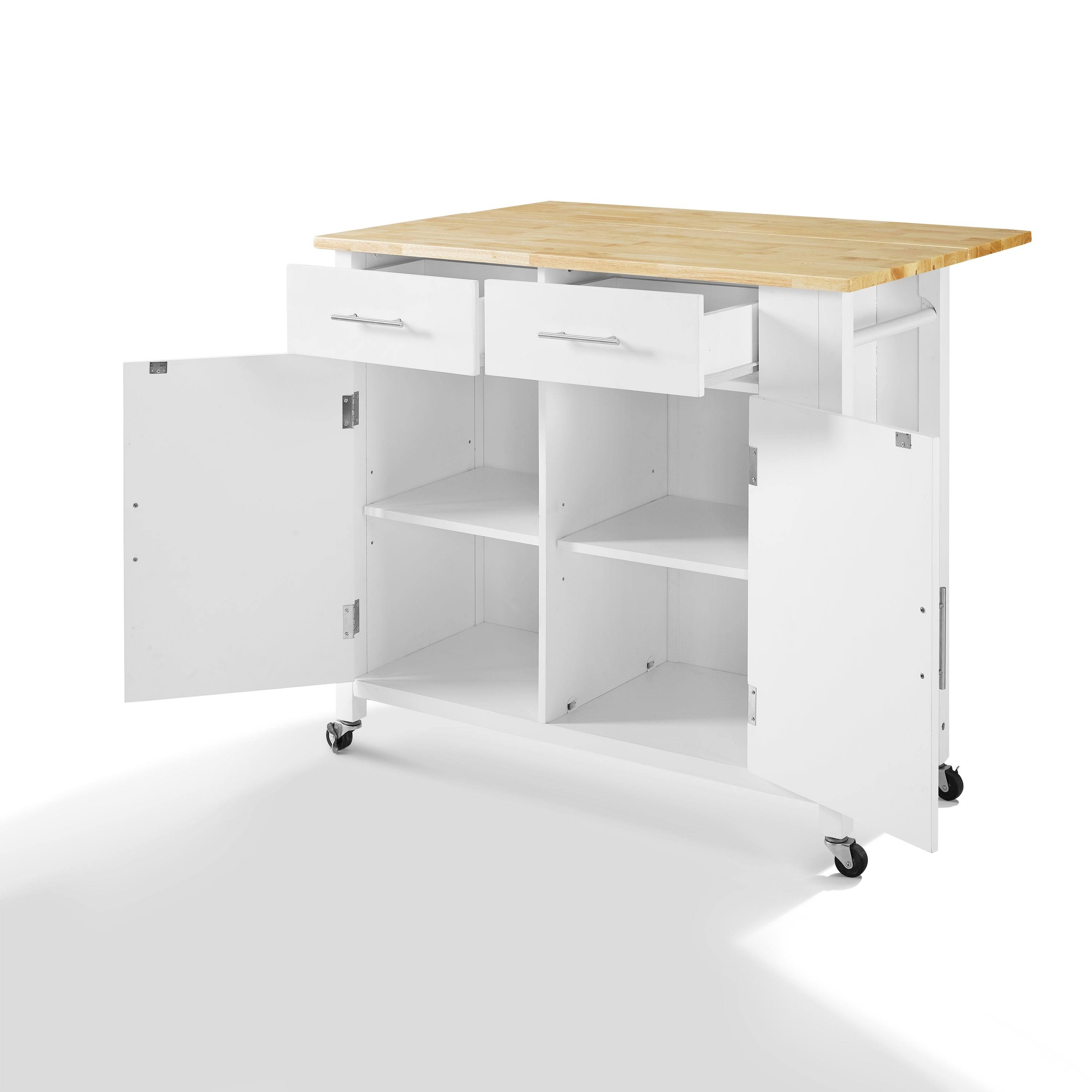 Crosley Savannah Drop-Leaf Kitchen Island Cart White Natural Wood Top
