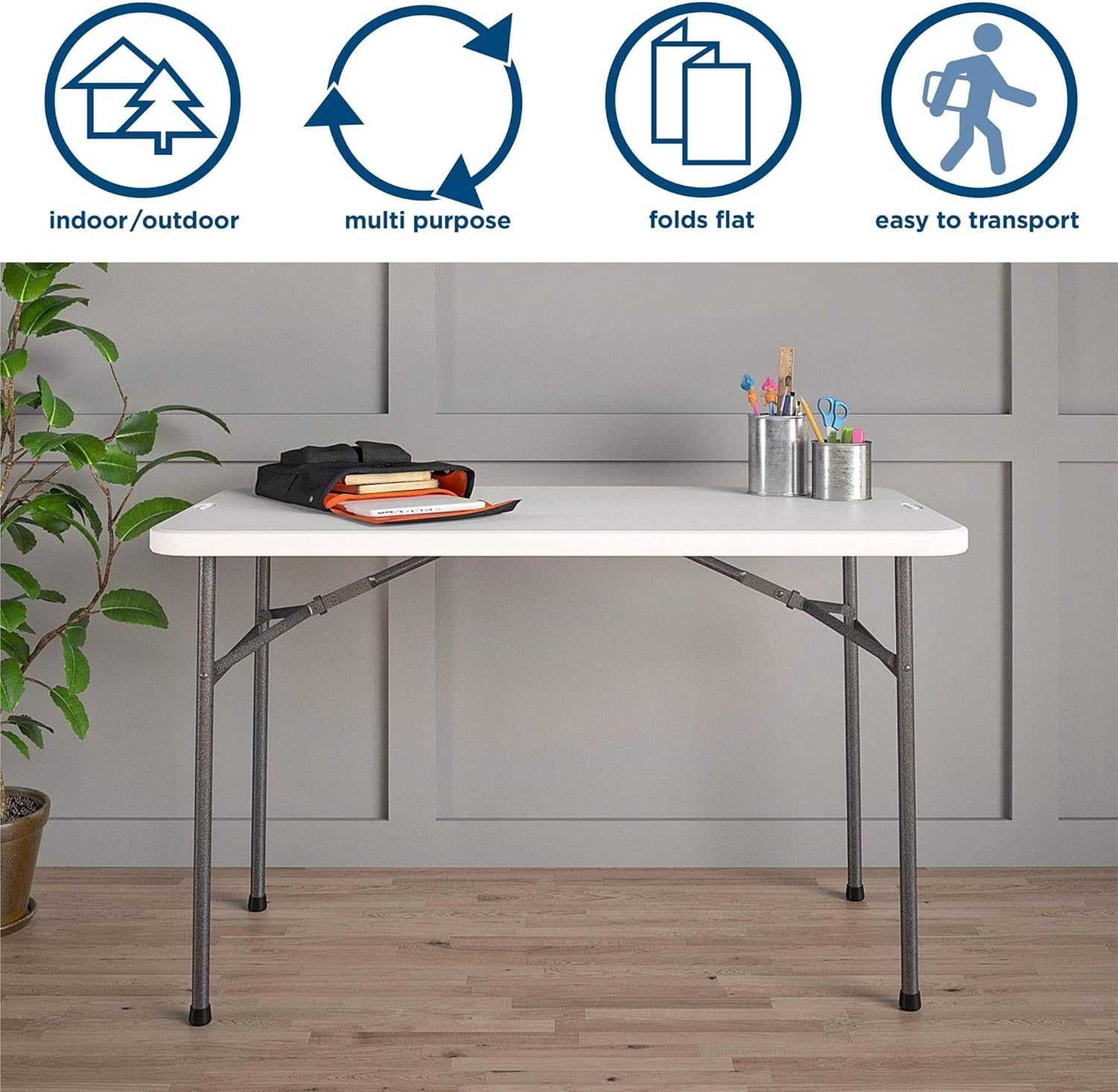 COSCO 4 ft. Straight Folding Utility Table, White, Indoor & Outdoor, Portable Desk, Camping, Tailgating, & Crafting Table