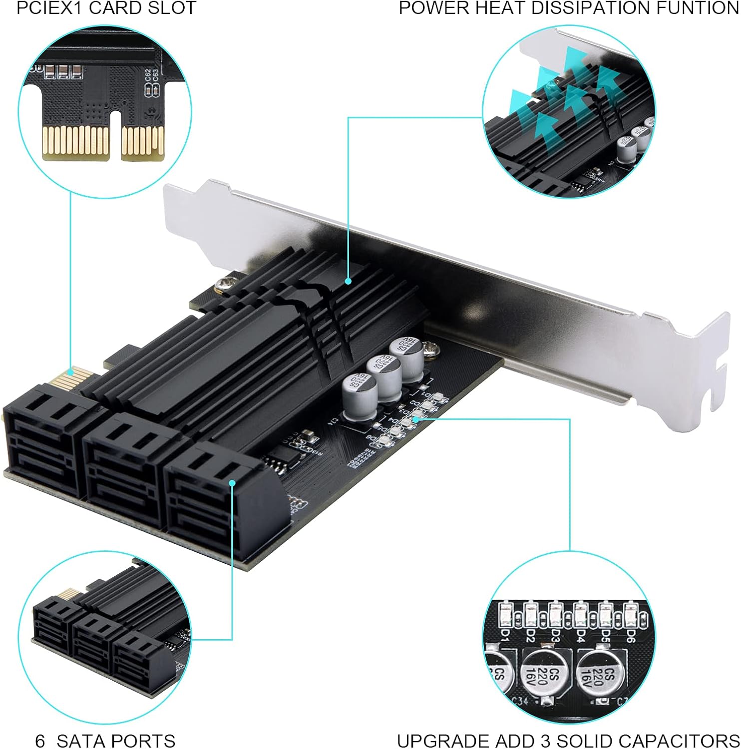 PCIe x1 SATA Card 6 Port, SATA 3.0 Controller Expansion Card with 6 SATA Cables & Low Profile Bracket,SATA III PCIE Gen3 Adapter(6Gbps) ASM1166 Chip