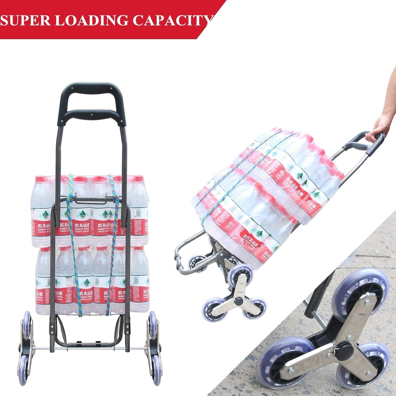 Foldable Shopping Cart, Heavy Duty Grocery Cart with Rubber Tri-Wheel for Easy to Climb Stairs