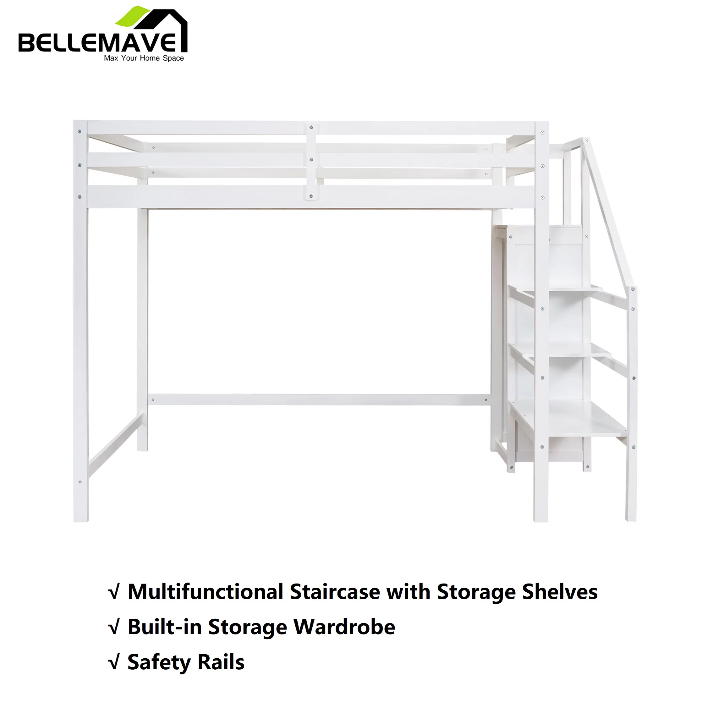 Bellemave Full Size Loft Bed with Storage Staircase Wooden Full Loft Bed Frame with Built-in Storage Wardrobe and Guardrails for Kids, Teens