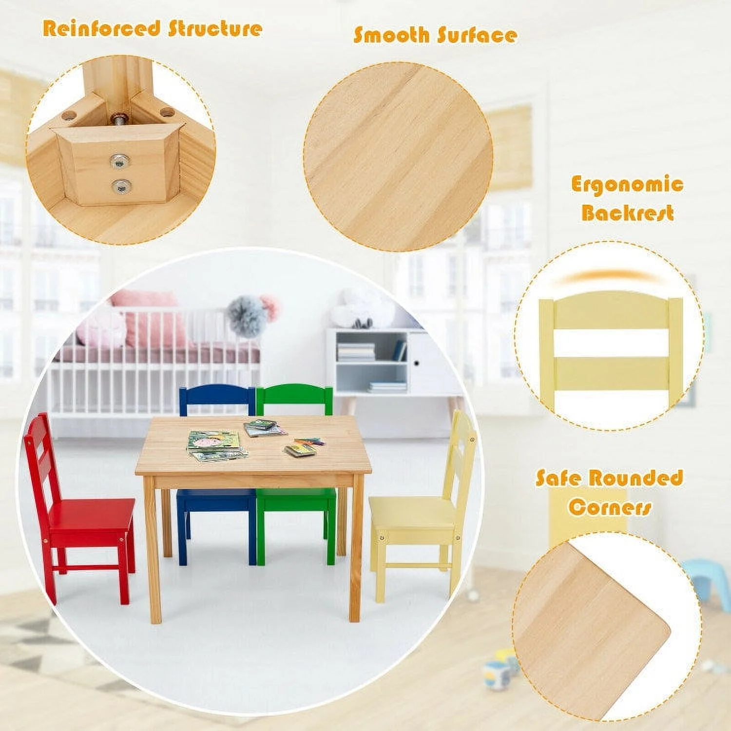 Kids 5 Pieces Table and Chair Set Wooden Children Activity Playroom Furniture Gift