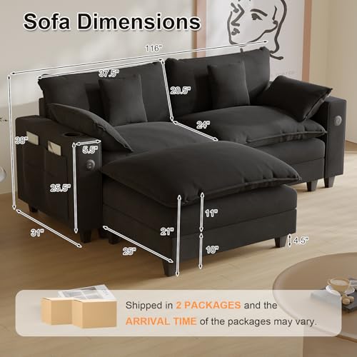 Modular Sectional Sofa, Cloud Couch with Ottoman, Charging Station, Throw Pillows, Cup Holders, Modern Convertible U Shaped Couches for Living Room