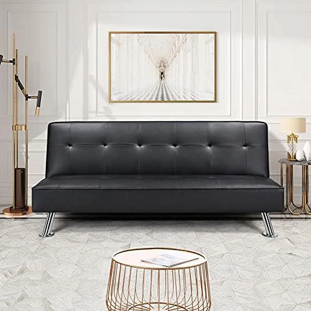 RUNFAYBIU Modern Folding Futon Loveseat Black Faux Leather Futon Sleeper Bed Convertible Futon Couch Bed for Living Room