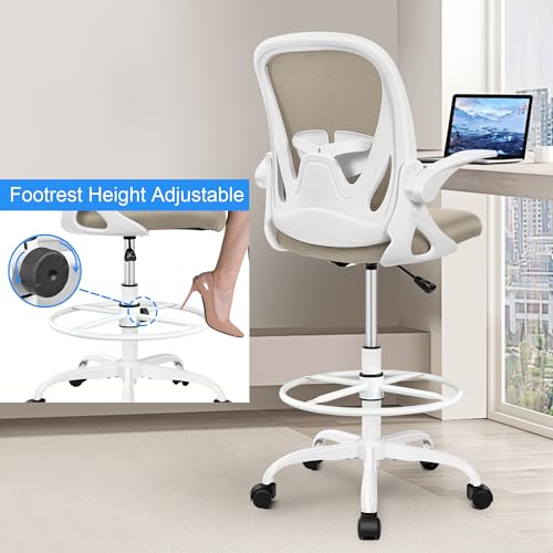 Primy Drafting Chair Tall Office Chair with Flip-up Armrests Executive Ergonomic Computer Standing Desk Chair with Lumbar Support and Adjustable