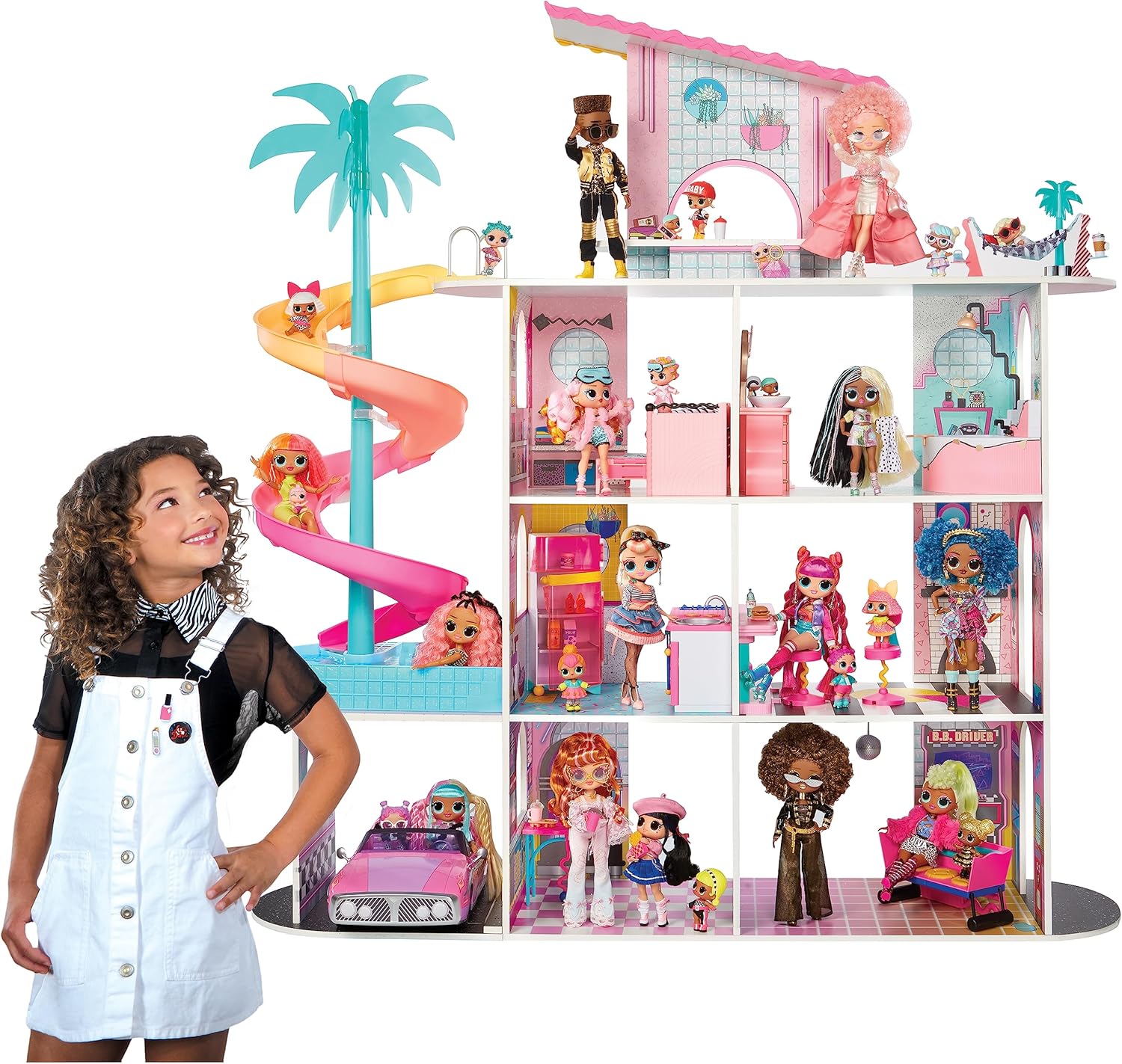 L.O.L. Surprise! OMG Fashion House Playset with 85+ Surprises and Made from Real Wood Including Pool, Spiral Slide, Rooftop Patio, Movie Theater