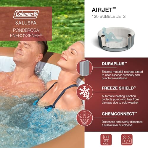Bestway Coleman Miami AirJet 2 to 4 Person Inflatable Hot Tub Round Portable Outdoor Spa with 120 AirJets and EnergySense Energy Saving Cover, Orange