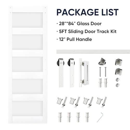 BARNSMITH 42in x 84in Glass Barn Door with 7FT Sliding Door Hardware Kit Included & Handle