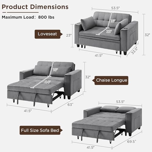 OKD 3 in 1 Convertible Sleeper Sofa Bed, Corduroy Pull Out Futon Couch with Charging Station & Cup Holder