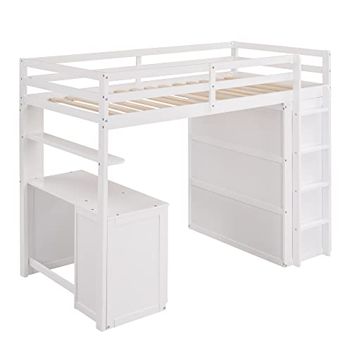 Harper & Bright Designs Full Size Loft Bed with Desk and Wardrobe, Solid Wood Loft Bed Frame with Storage Drawers, for Kids Teens Adults (White)