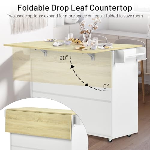 FurnitureR Mobile Kitchen Island Cart with Drop Leaf – Rolling Storage Cabinet, Light Oak Top