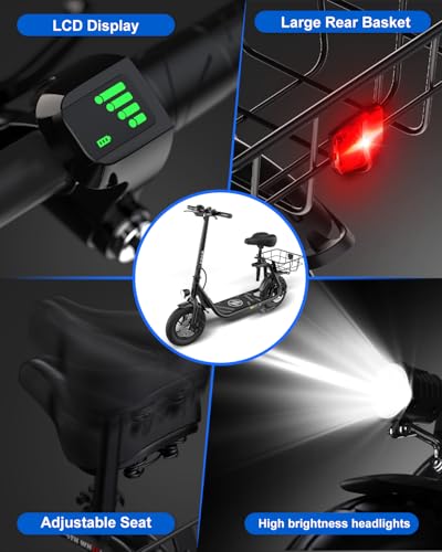 Electric Scooter with Seat ZD06, 800W Peak Motor, 20 Mile Range & 15.5 Mph, Key Start, Foldable E-Scooter with Carry Basket for Pets & Cargo