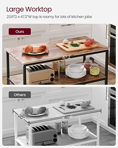 VASAGLE Kitchen Island with 3 Shelves, 47.2 Inches Width Kitchen Shelf with Large Worktop, Stable Steel Structure, Industrial, Easy to Assemble