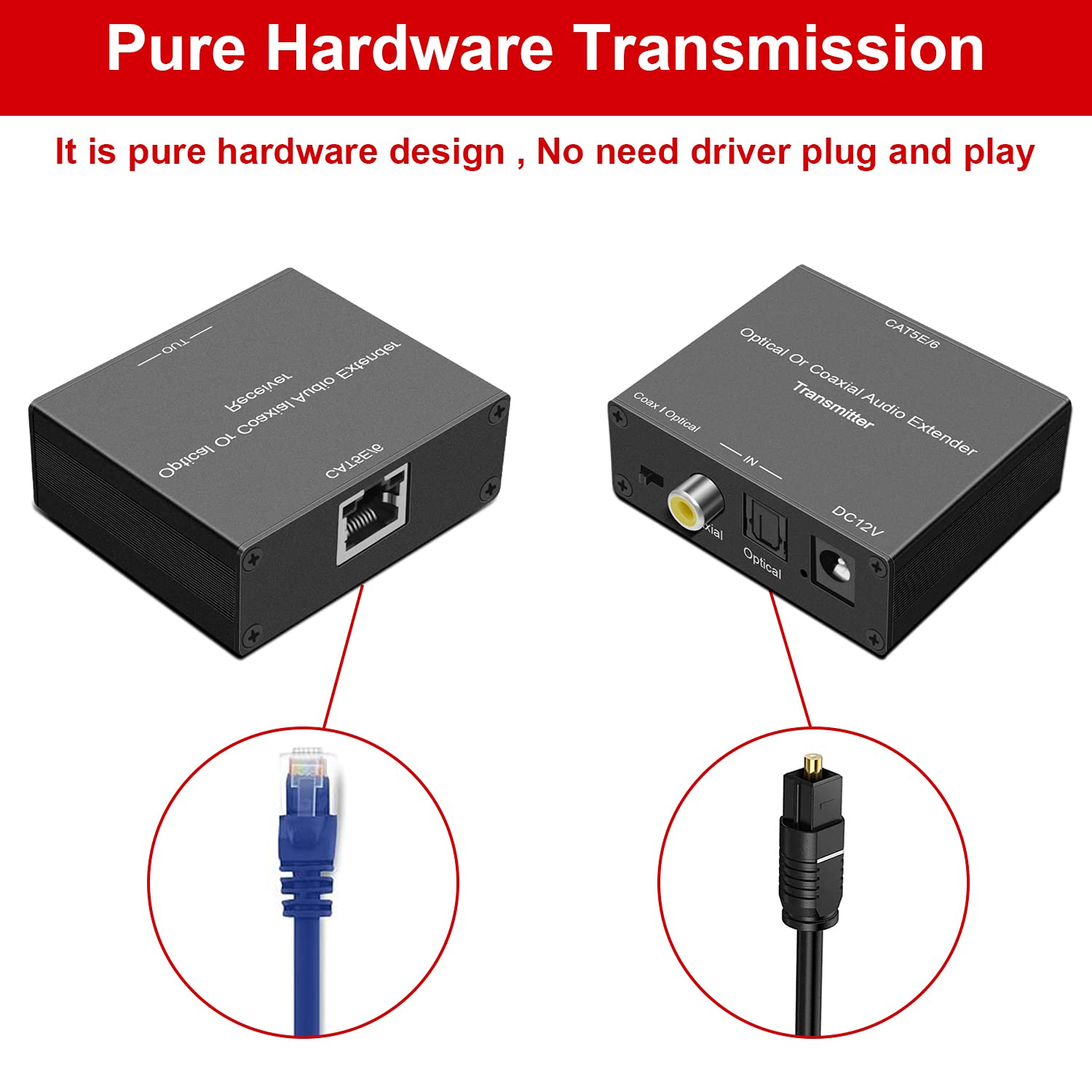 Optical/Coaxial Digital Audio Extender Over Single Cat5E/6 Cable (PoC) up to 990'(300m) Optical Audio Converter for DD Digital,DTS 5.1,DTS-HD and More