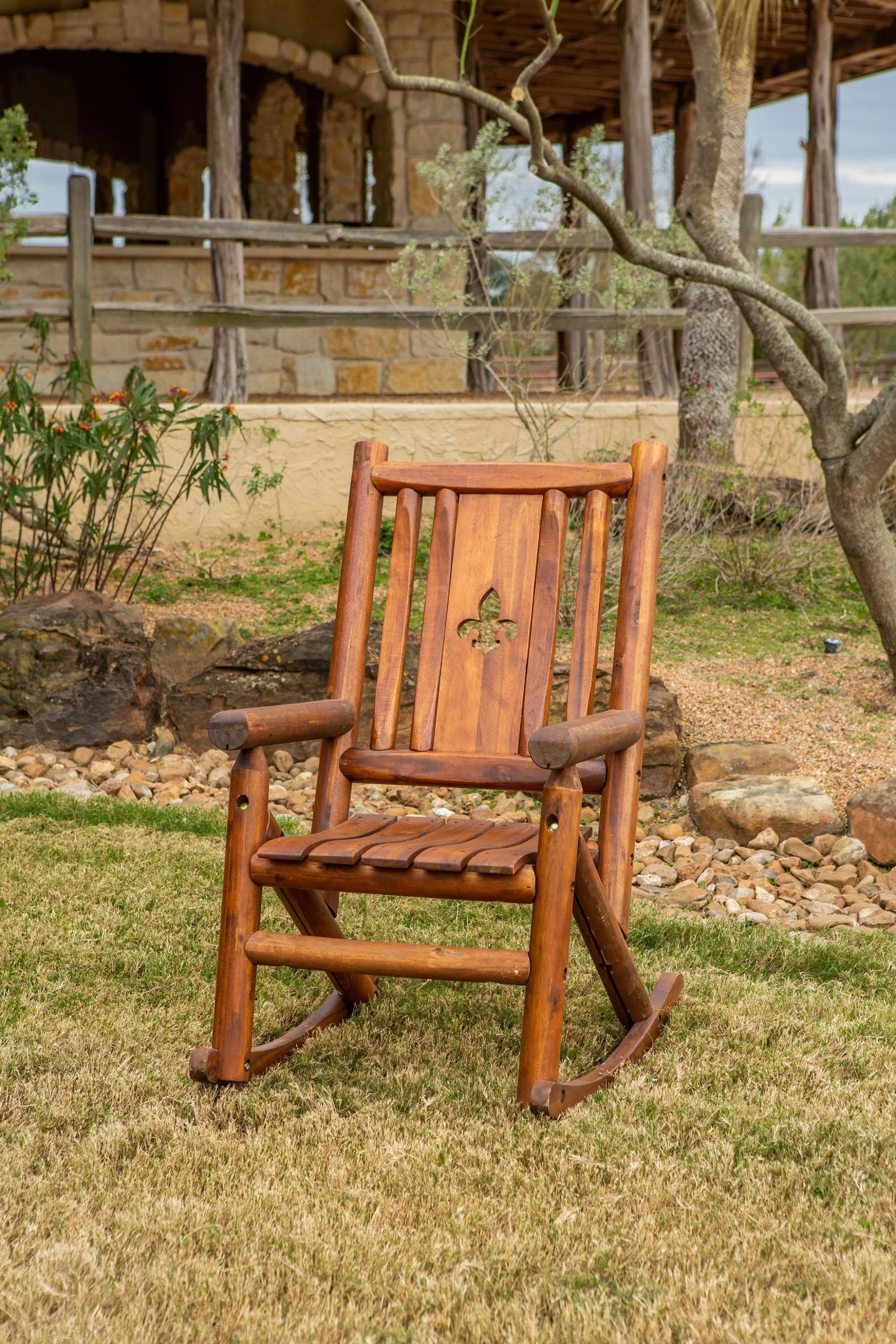 Leigh Country TX 36003 Amber-Log Fleur-De-Lis Adult Wood Outdoor Patio Rocking Chair - Brown