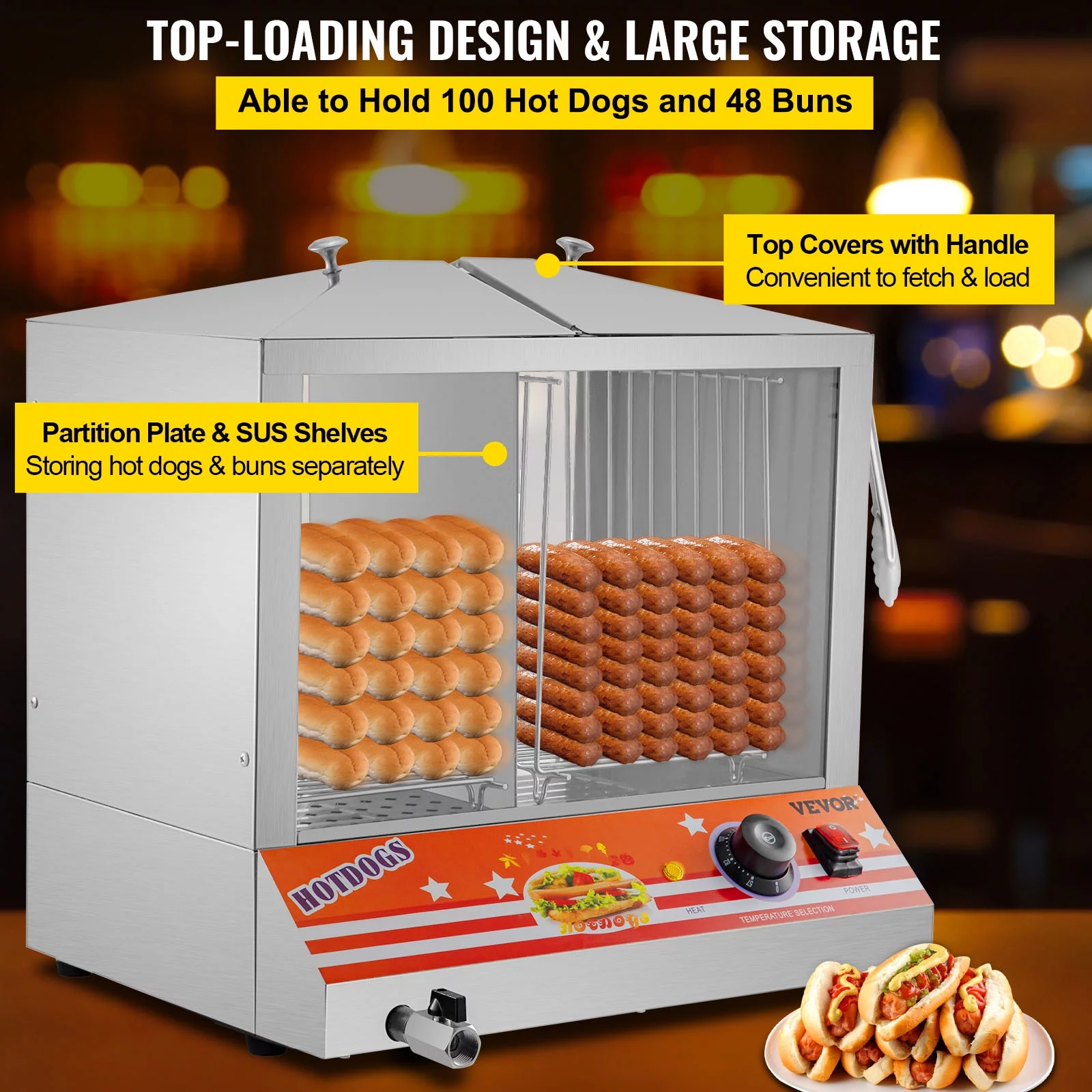 BENTISM Hot Dog Warmer,Top Load Hut Steamer for 100 Hot Dogs&48 Buns,Stainless Steel food warmer with Bun Warmer