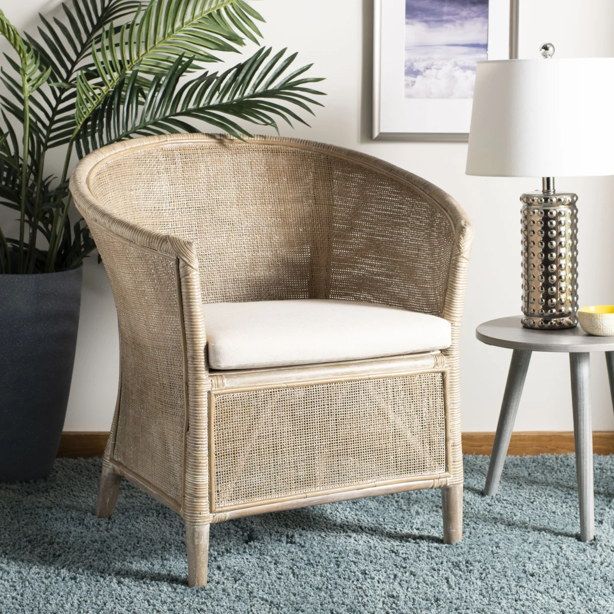 SAFAVIEH Alexana Farmhouse Rattan Arm Chair, Grey White Wash