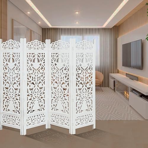 Lightnpro Wooden Room Divider - Handmade Foldable Partition Screen with Intricate Oval Carved Design Hinged