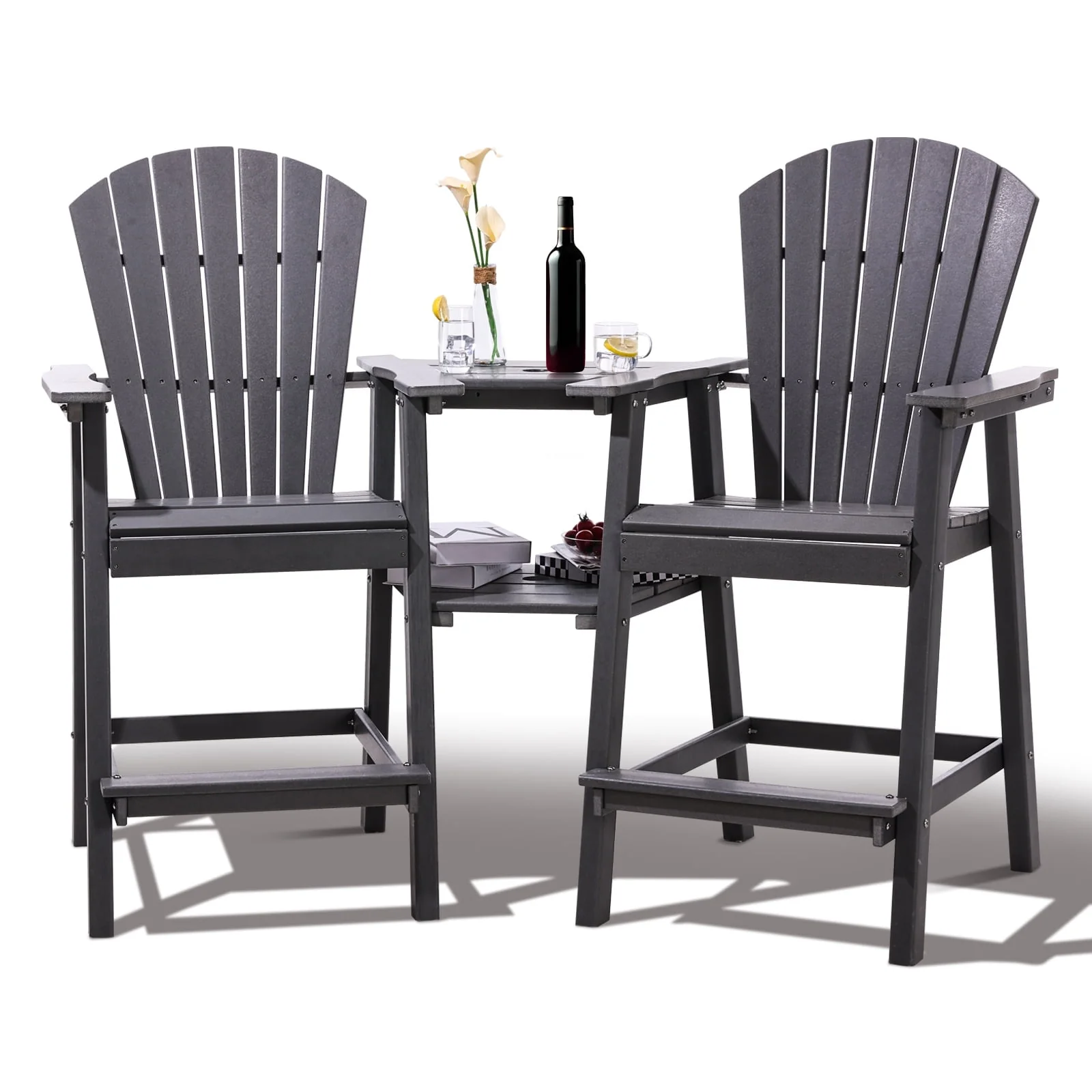 Tall Adirondack Chairs Set of 2 .Outdoor Adirondack Barstools with Double Connecting Tray Patio Stools Weather Resistant for Outdoor Deck Lawn Pool