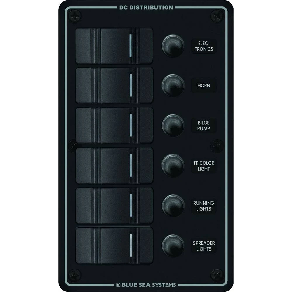 Blue Sea 8373 Water Resistant 6 Position Panel, Black, Vertical Mount, 12 V
