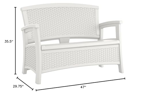 Suncast Elements Stylish Lightweight Loveseat Outdoor Seating with Convenient Built In Universal Storage, and All Weather Plastic, White