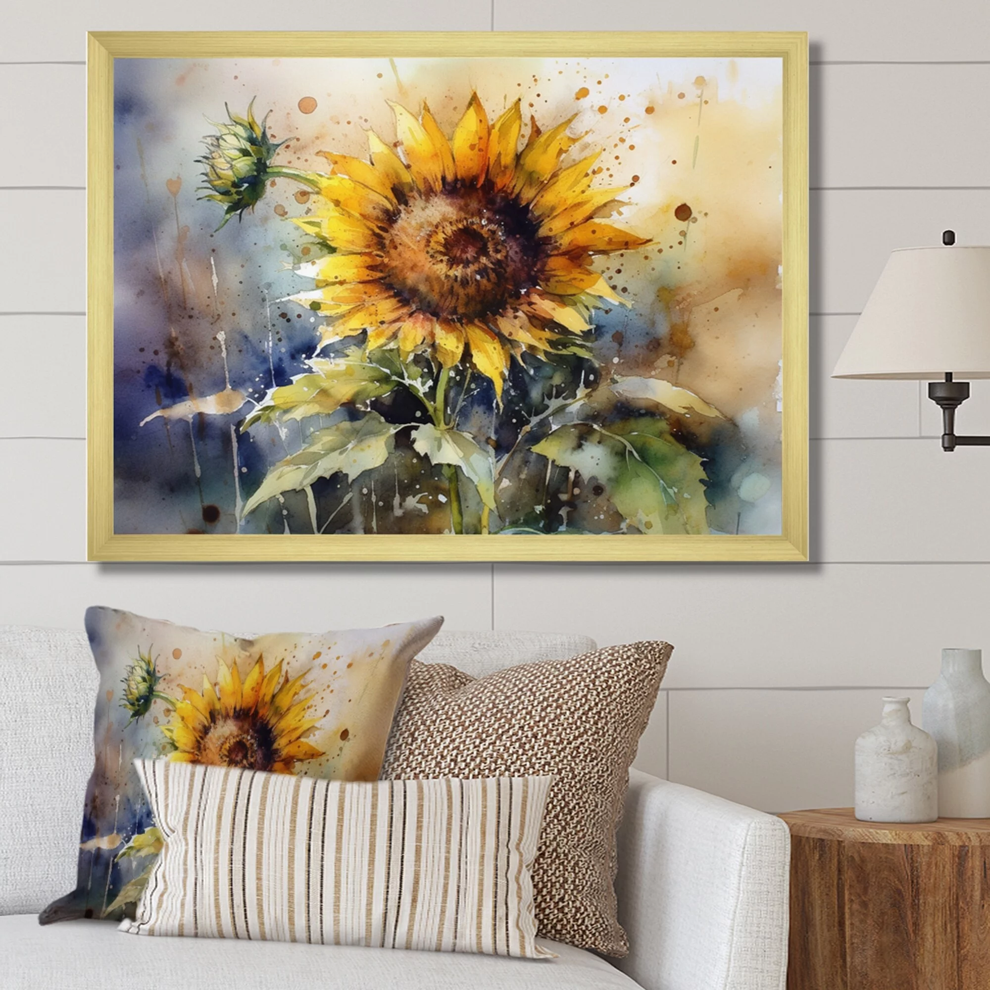 DESIGN ART Designart "Yellow Sunflower Symphony I" Floral Sunflower Framed Canvas Art Print 44 in. wide x 34 in. high - Gold
