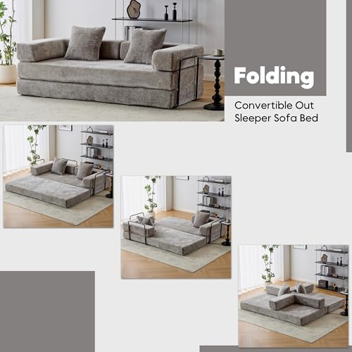 Convertible Sleeper Sofa Bed with Cylindrical Pillow, Corduroy Folding Mattress Couch with Fixed-Shape Frame