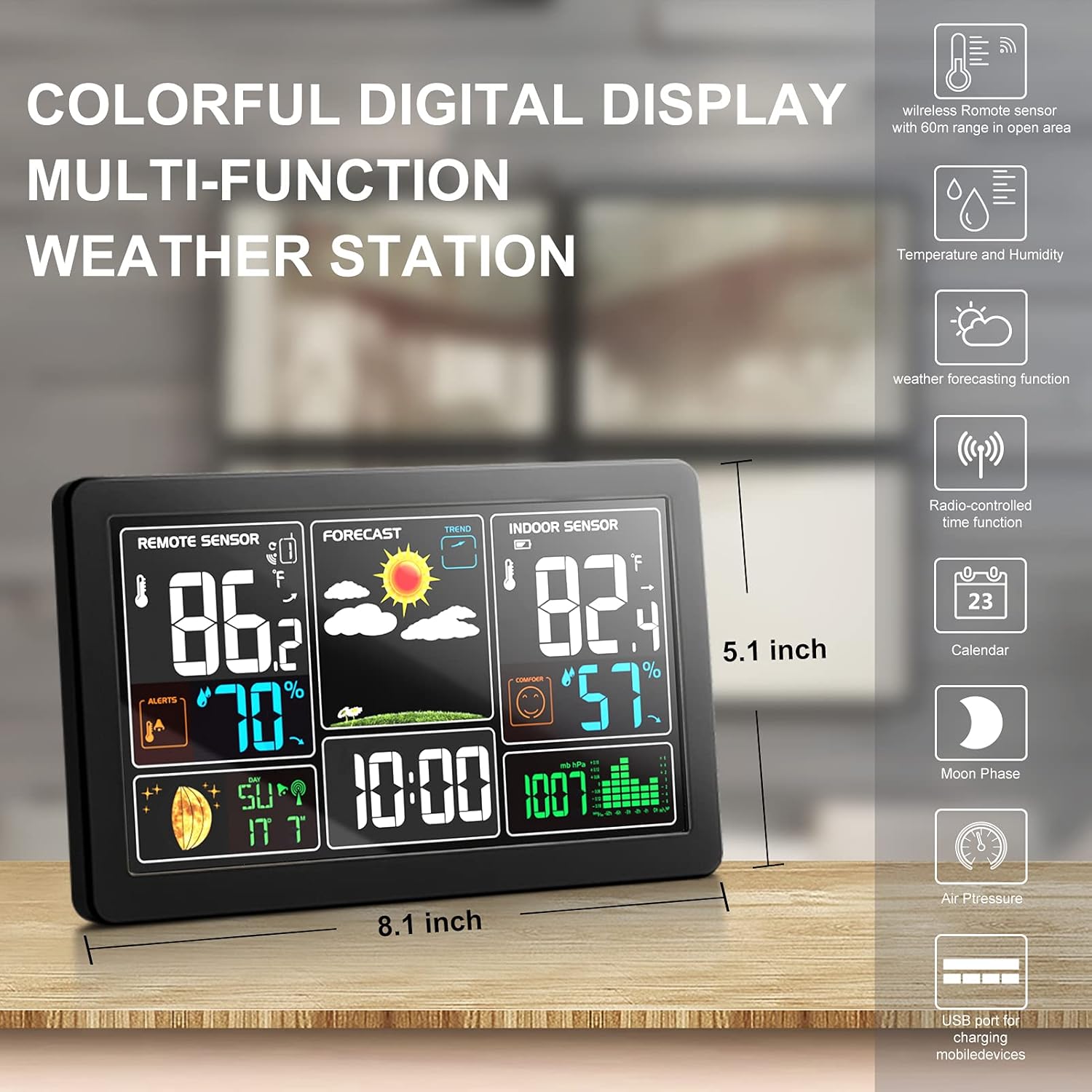 KALEVOL Weather Station Indoor Outdoor Thermometer Wireless Color Display Digital Temperature Humidity Monitor