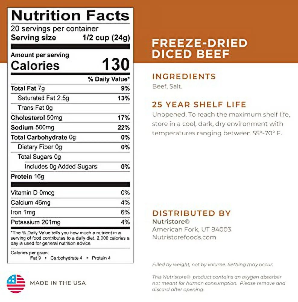 Nutristore Freeze Dried Beef Dices | Pre-Cooked Meat for Backpacking, Camping