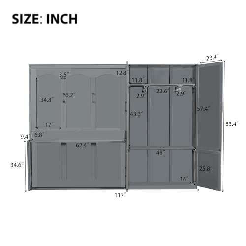 Queen Size Murphy Bed Wall Bed with Desk and Closet,Drawers and Shelves,for Small Spaces Studio Study Office Guest Room Use (Gray#Desk, Queen)