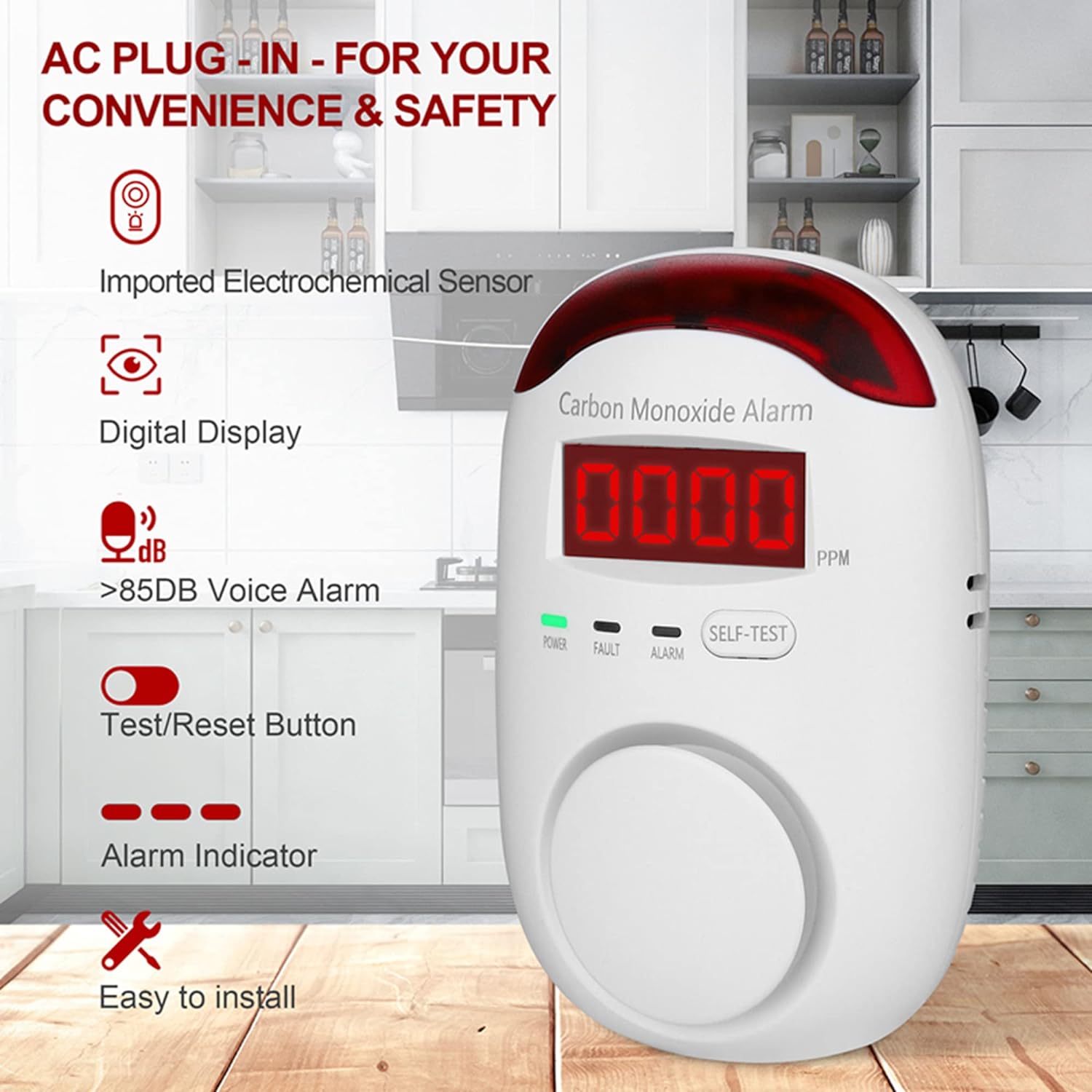 Plug-in Carbon Monoxide Detectors,Koabbit CO Level Monitoring Alarm with Light & Digital Display for Home/Kitchen/Bedroom,Accurate & Easy to Install