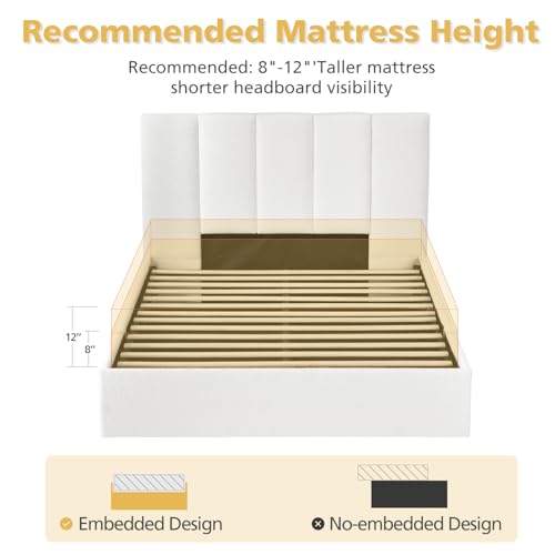 VELOCAVA Queen Size Lift-Up Storage Bed, Upholstered Boucle Bed with Curved Headboard, Rounded Corners, Sturdy Wooden Slat Support