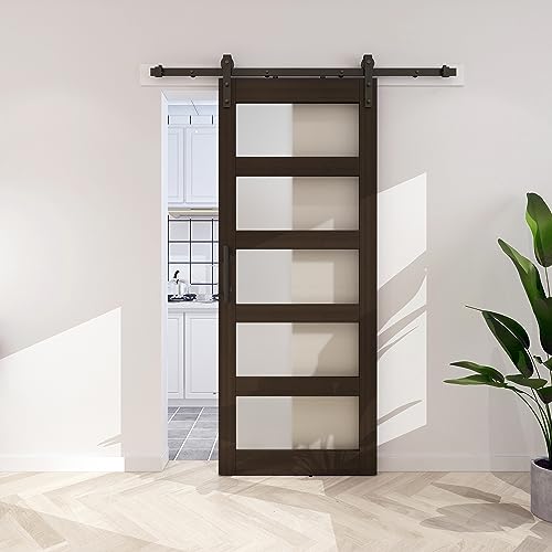 BARNSMITH 42in x 84in Glass Barn Door with 7FT Sliding Door Hardware Kit Included & Handle
