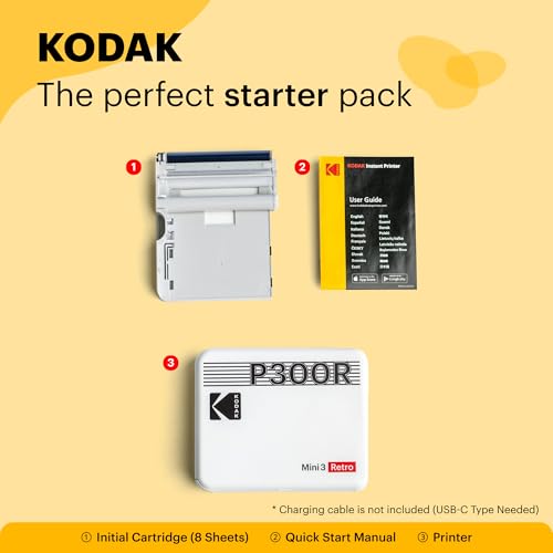 KODAK Mini 3 Retro 4PASS Portable Photo Printer (3x3 inches) + 8 Sheets, White