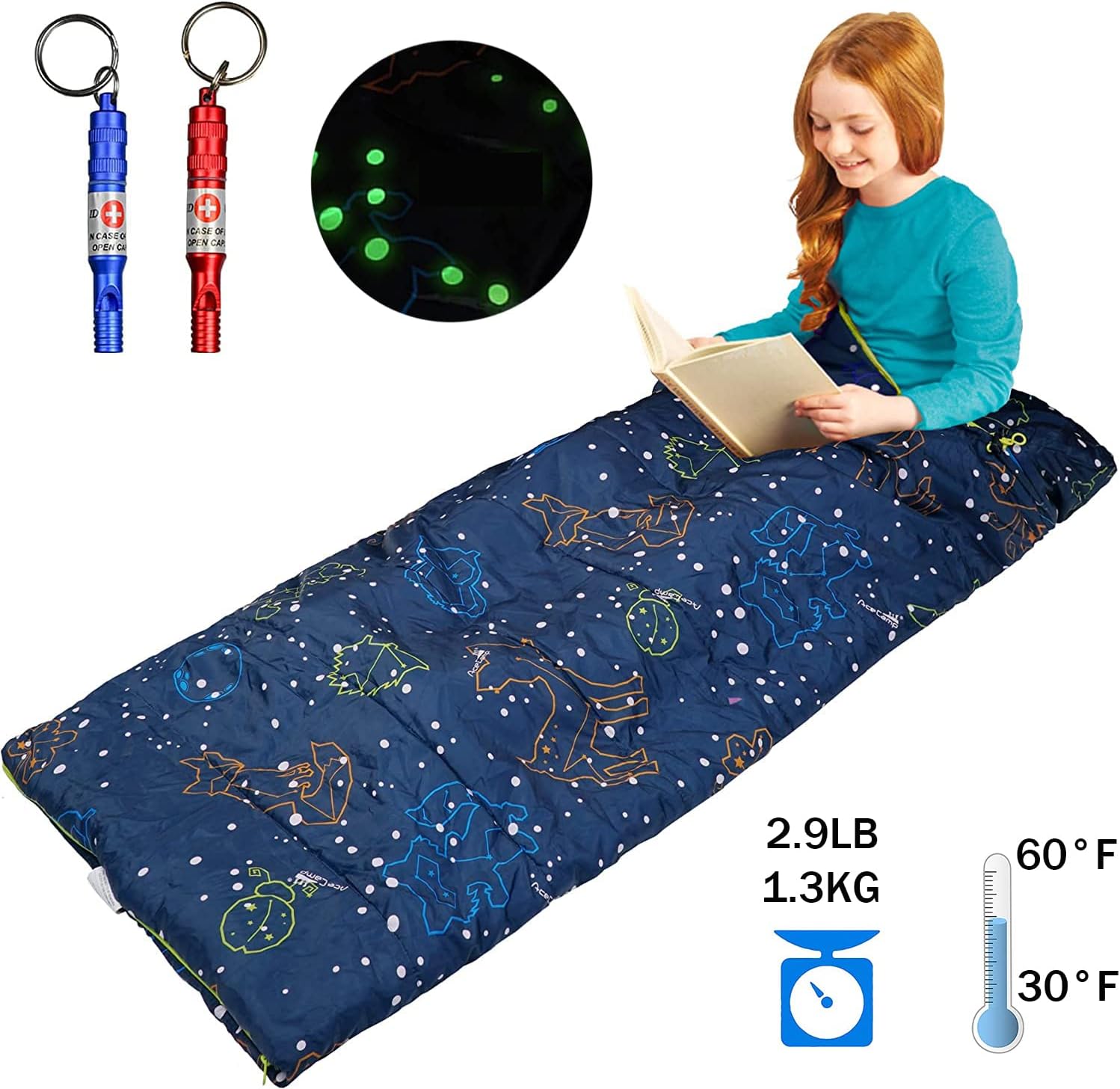 Acecamp Sleeping Bag,Outdoor,Travel,Camping,Hiking,0 Degree Sleeping Bag for Kids Teenagers Youth Sleeping Bag, Glow in The Dark