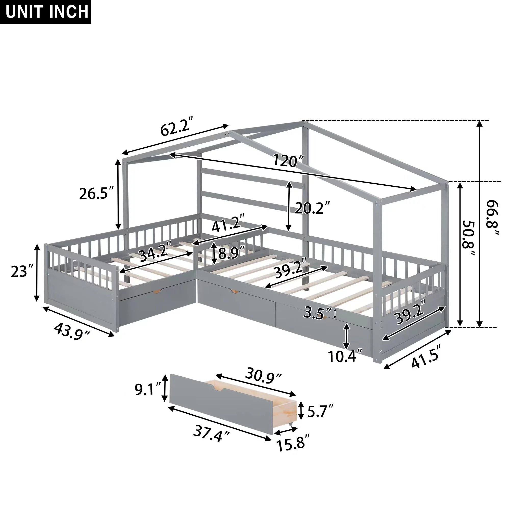 Churanty L Shaped Twin Bed for 2 Kids, Twin Size House Platform Bed with 3 Storage Drawers, Wood Double Twin Beds with Fence and Roof