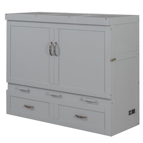 Harper & Bright Designs Full Size Murphy Bed Cabinet Wall Bed, Solid Pine Murphy Bed Chest with USB Ports