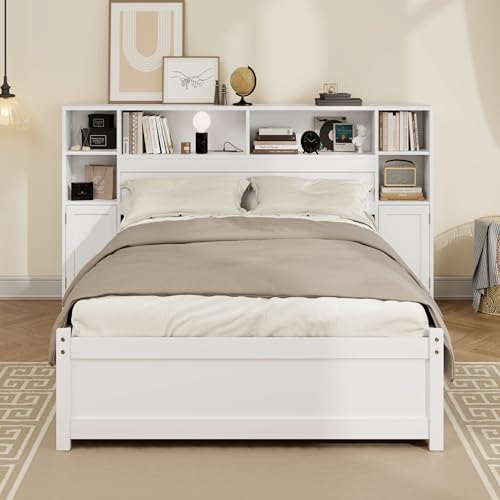 SOFTSEA Twin Size Captains Bed with 6 Storage Drawers and Bookcase Headboard, Wood Twin Storage Platform Bed with USB Ports
