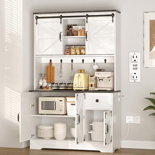 71" Kitchen Pantry Cabinet, Modern Kitchen Hutch Food Pantry with Charging Station and Microwave Stand, Pantry Storage Cabinets with Countertop