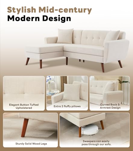 Tbfit L Shaped Couch Sofa, 80" W Mid-Century Modern Sectional Couches, 3 Seater Sofas with Wide Chaise Lounge & Two Pillows