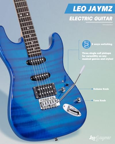 Leo Jaymz 39" Full Size ST Style Electric Guitar Starter Kit with SSH Pickup, 5W Portable Amp, Tuner, Gig Bag, Strap & Accessories (Violet Ocean)