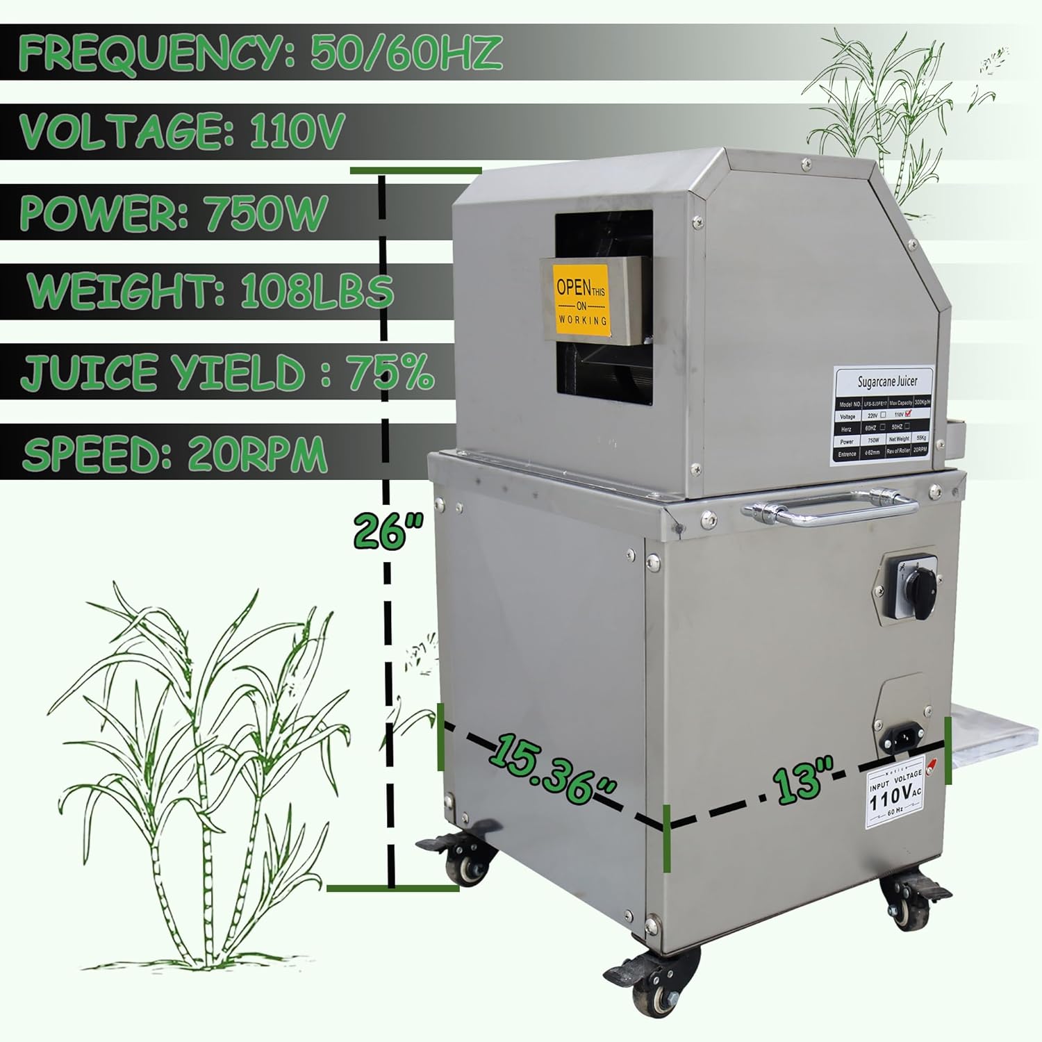 Commercial Sugar Cane Press Juicer Machine with Cleaning Port 304 Stainless Steel Rollers Three Rollers Sugarcane Juice Extractor for Commercial Home