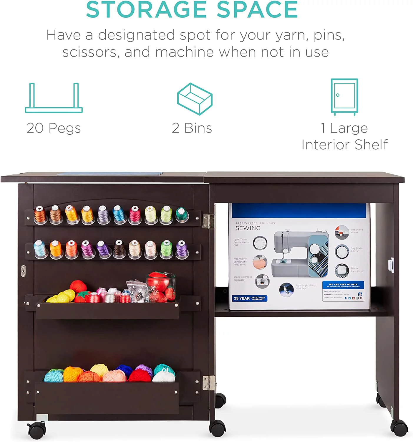 Folding Sewing Table Multipurpose Craft Station & Side Desk with Compact Design, Wheels, Shelves, Bins, Pegs, Magnetic Doors, Metal Doorknobs