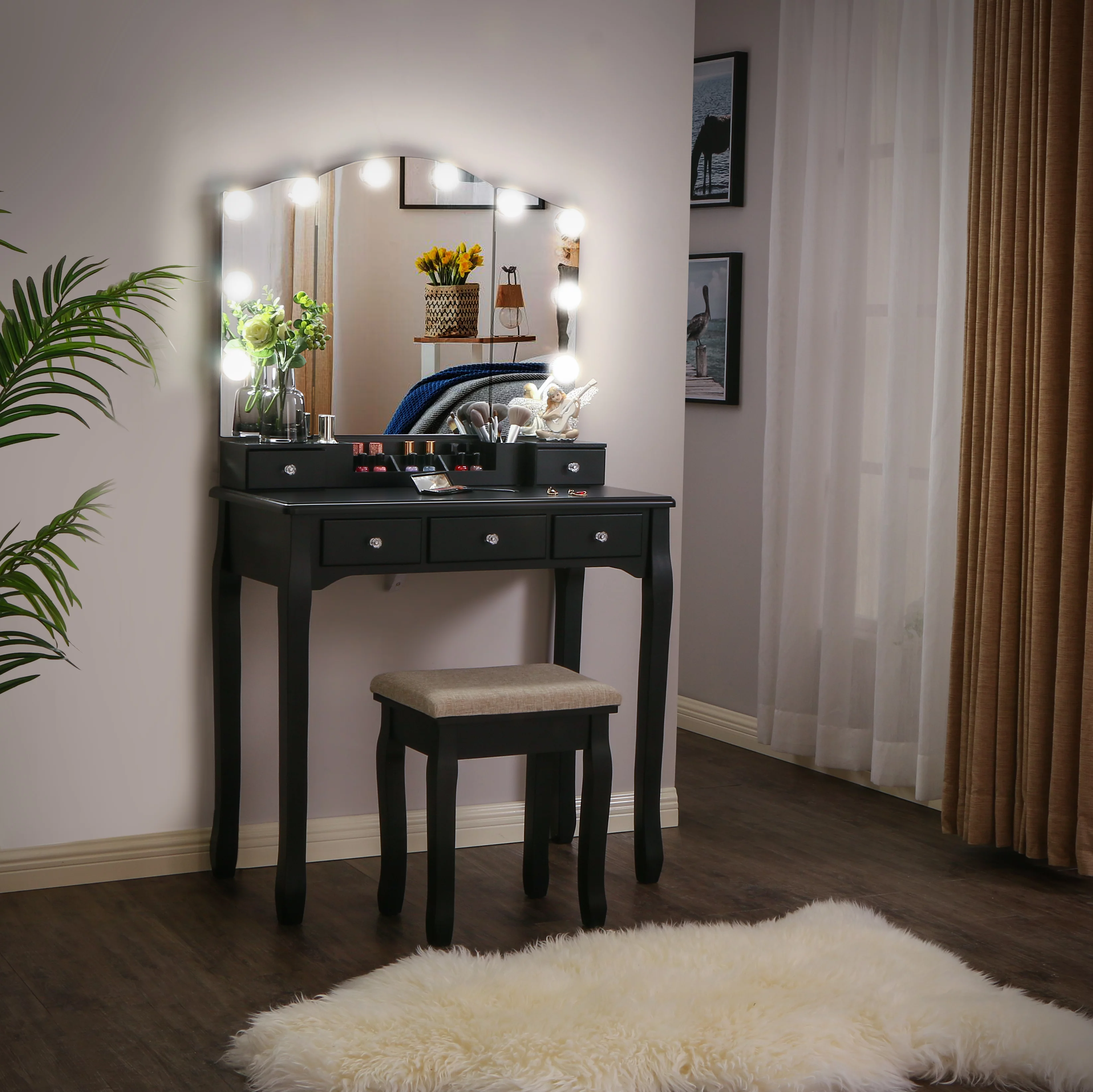 BEWISHOME Vanity Set with Lighted Mirror, Makeup Vanity with Tri-Folding Mirror 10 LED Bulbs
