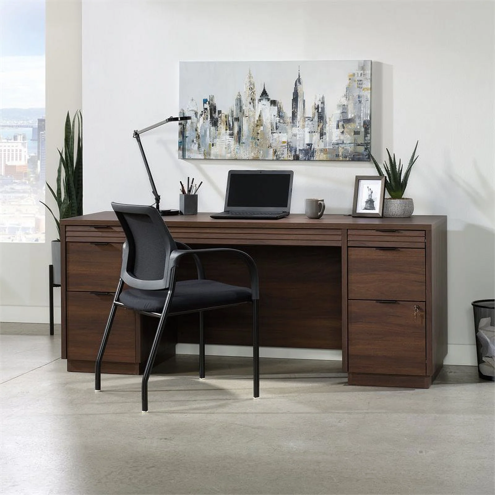 Pemberly Row 72" Wooden Knee Space Computer Credenza Desk in Spiced Mahogany