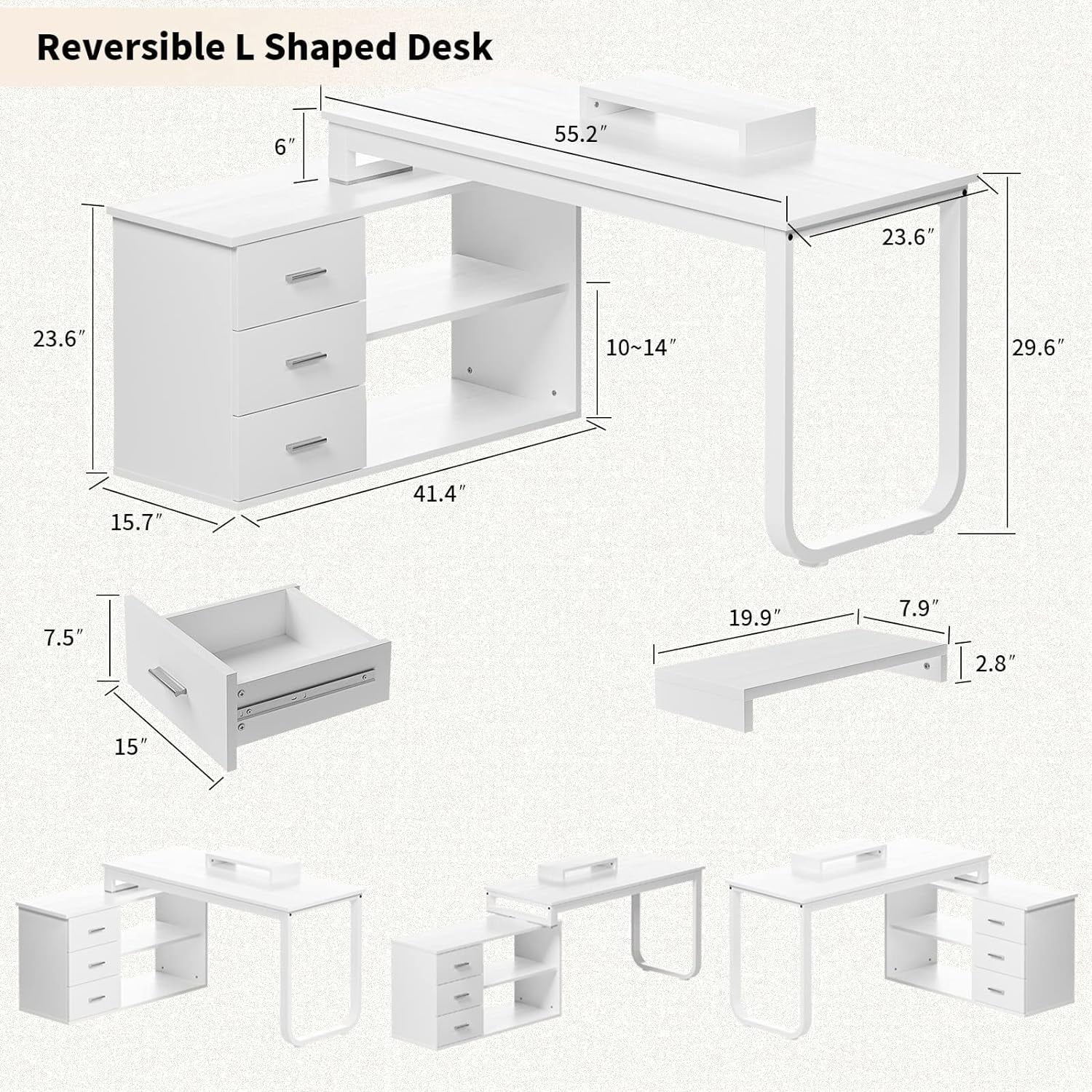 White L Shaped Desk with  Drawers  55 inch Reversible L Shaped Desk with 2 Shelves and Monitor Stand  L Shaped Computer Desk with  Cabinet for Small