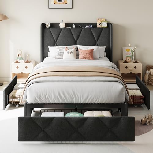 Queen Bed Frame with 4 Storage Drawers and Charging Station, Upholstered Platform Bed Frame with Storage Headboard, No Box Spring Needed