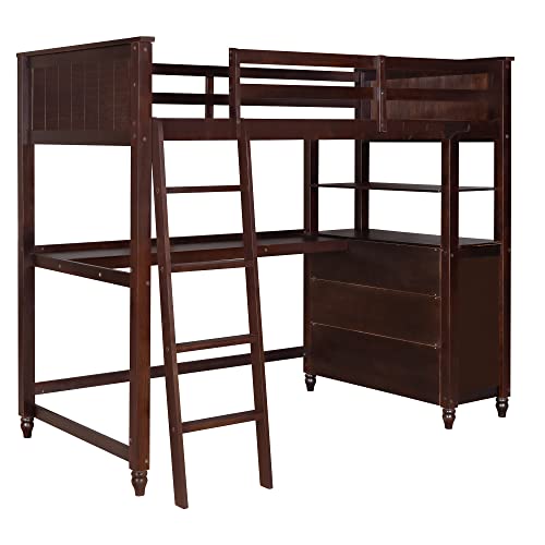 Harper & Bright Designs Full Loft Bed with Desk and Wardrobe,Solid Wood Loft Bed Frame Full with Storage Drawers for Kids Teens Adults