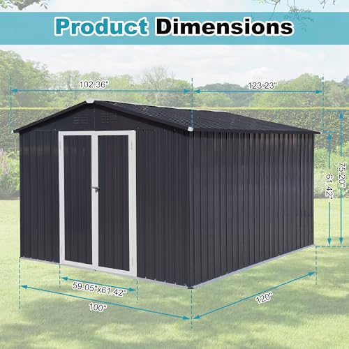 8x6 FT Outdoor Storage Shed, Metal Tool Shed with Lockable Doors, Peaked Roof & Frame Floor